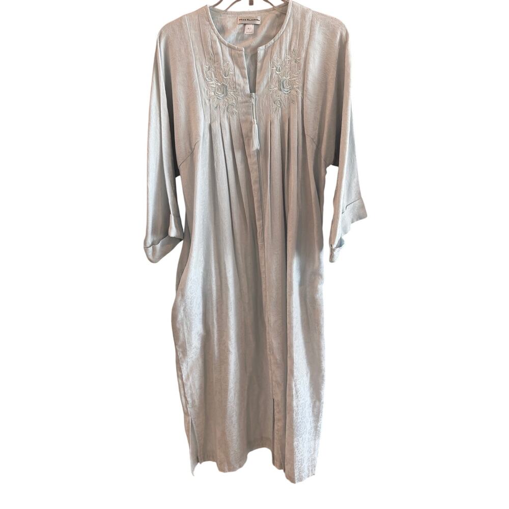 Miss Elaine Zip-Front House Dress Robe with Floral Embroidery, Size S